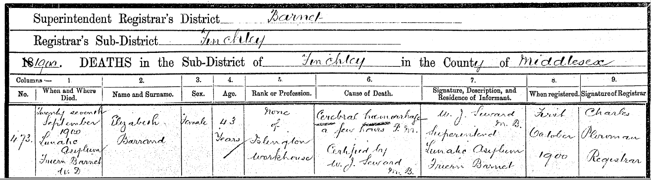 Death certificate Elizabeth Barrand