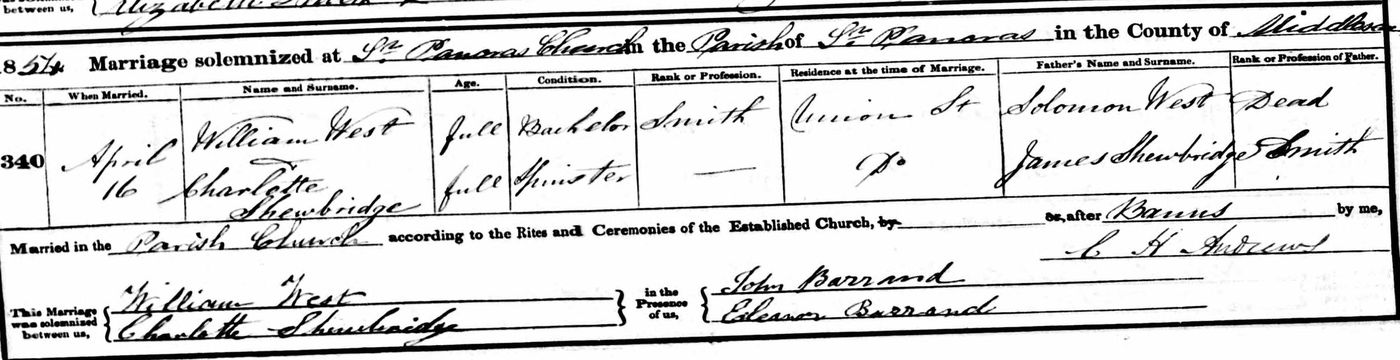 William West’s marriage certificate (Eleanor’s brother) showing signature of John Barrand and Eleanor