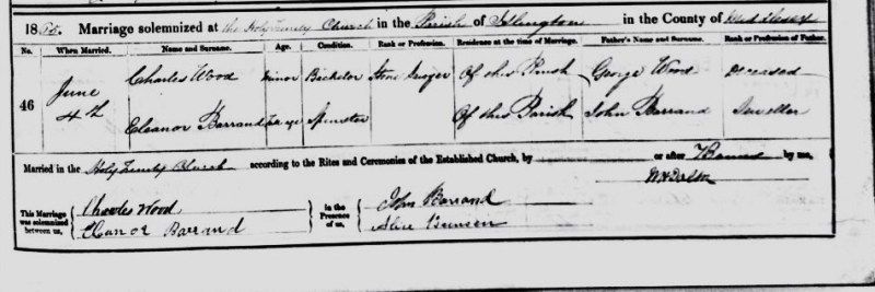 Marriage Certificate of Eleanor Nancy Barrand and Charles Wood 1865
