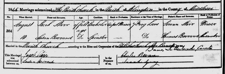 Marriage certificate of Susan Barrand and Jacob Starr