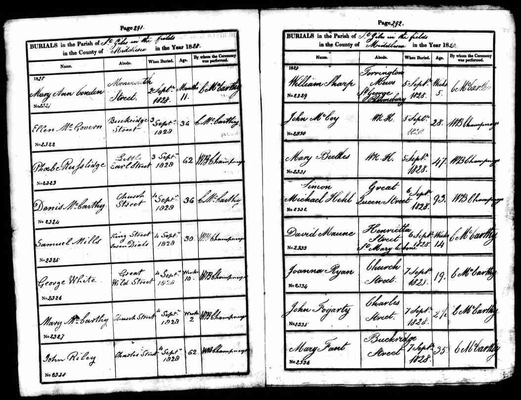 Death Record of Phoebe Sherol at Little Earl Street, 7-Dials
