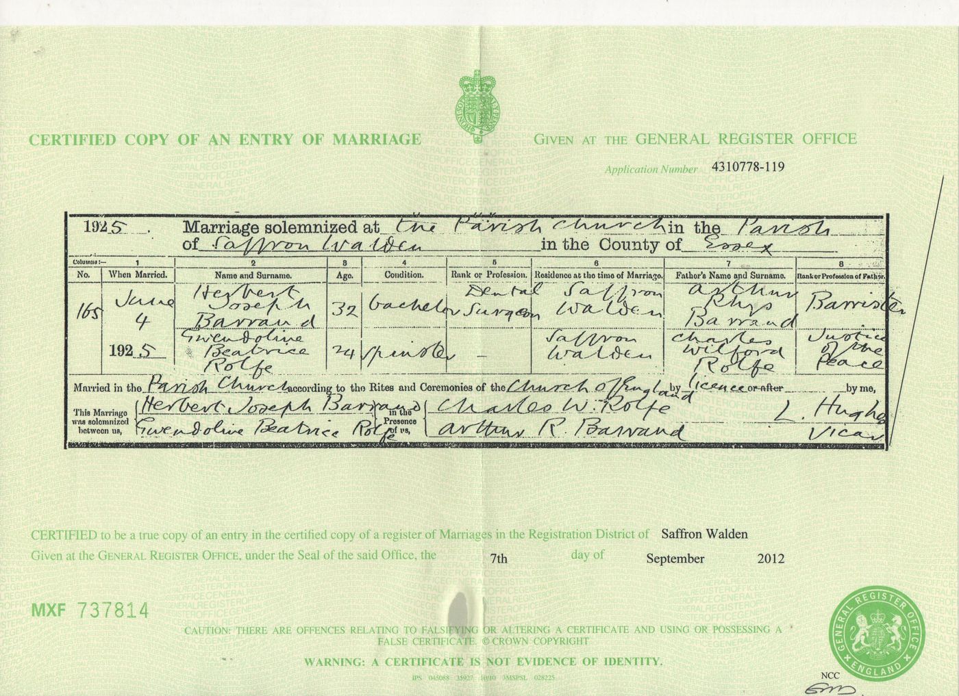 Marriage Certificate of Herbert Joseph Barrand and Gwendoline Rolfe