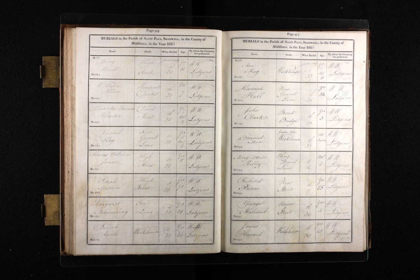 Burial record of Sarah Mather, High Street, Shadwell