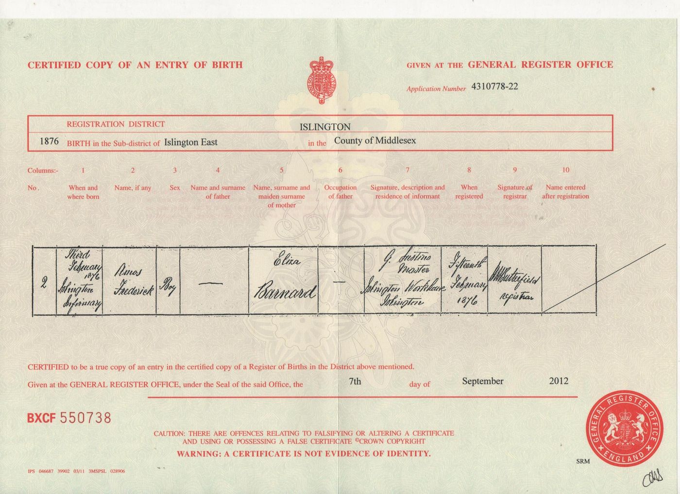 Birth Certificate of Amos Barrand (Barnard)