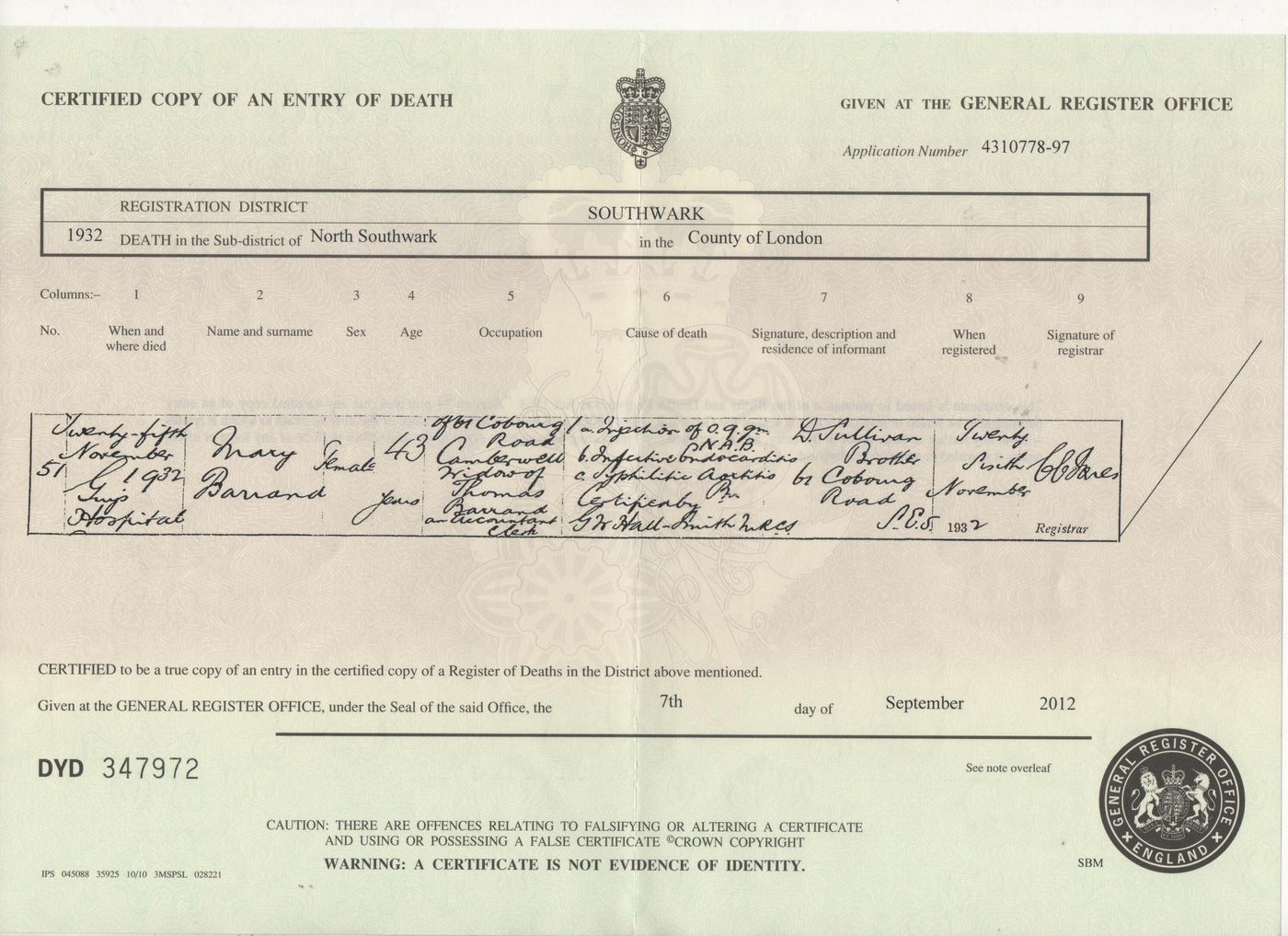 Death Certificate of Mary Barrand (nee Sullivan) 1932