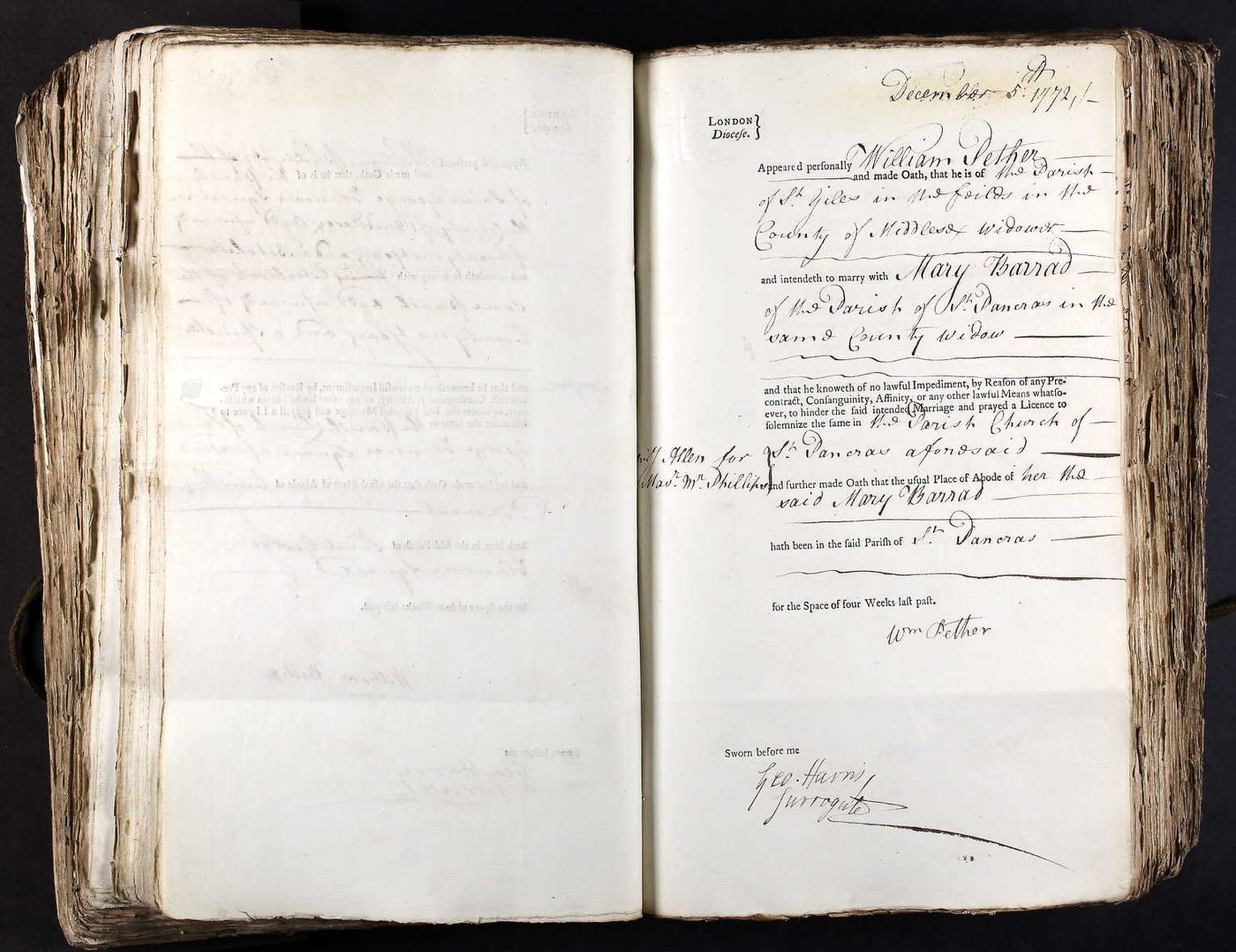 Allegation of the marriage between William Pether and Mary Barrad (sic) 5th December, 1772