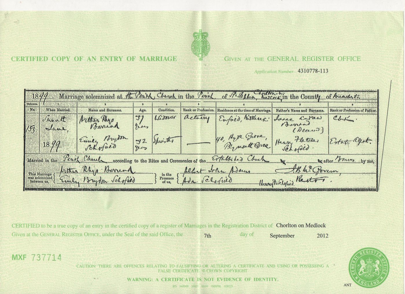 The banns for the marriage to Emily Brydon Schofield were read in Enfield Parish Church on the 14th, 21st and 28th May, 1899.
