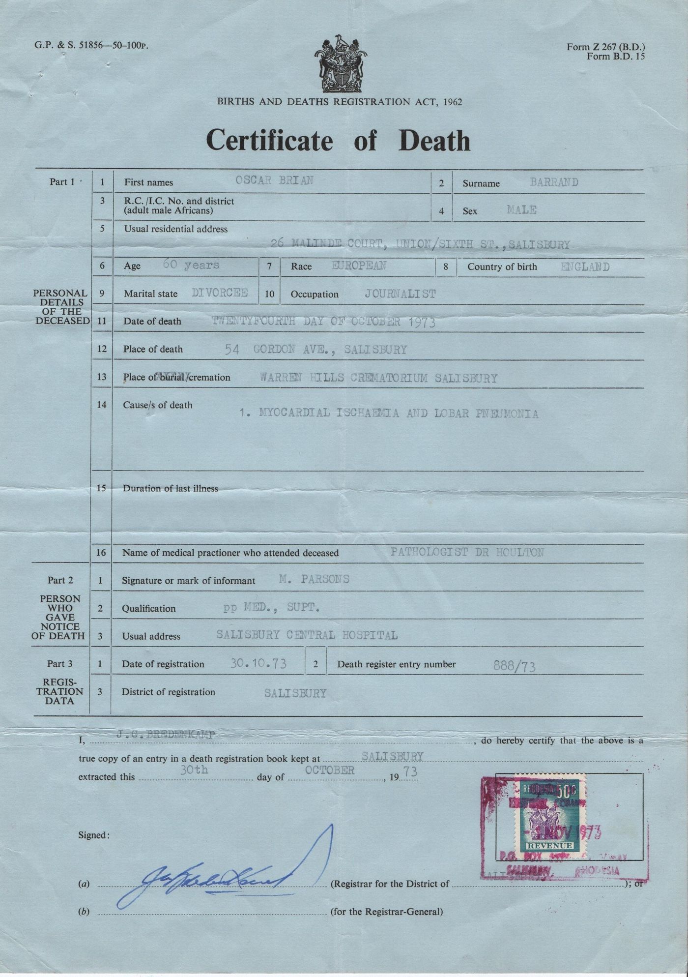 Death Certificate Oscar Brian Barrand – Salisbury (Zimbabwe)