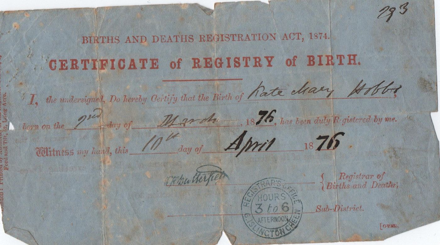Birth Registry for Kate Mary Hobbs