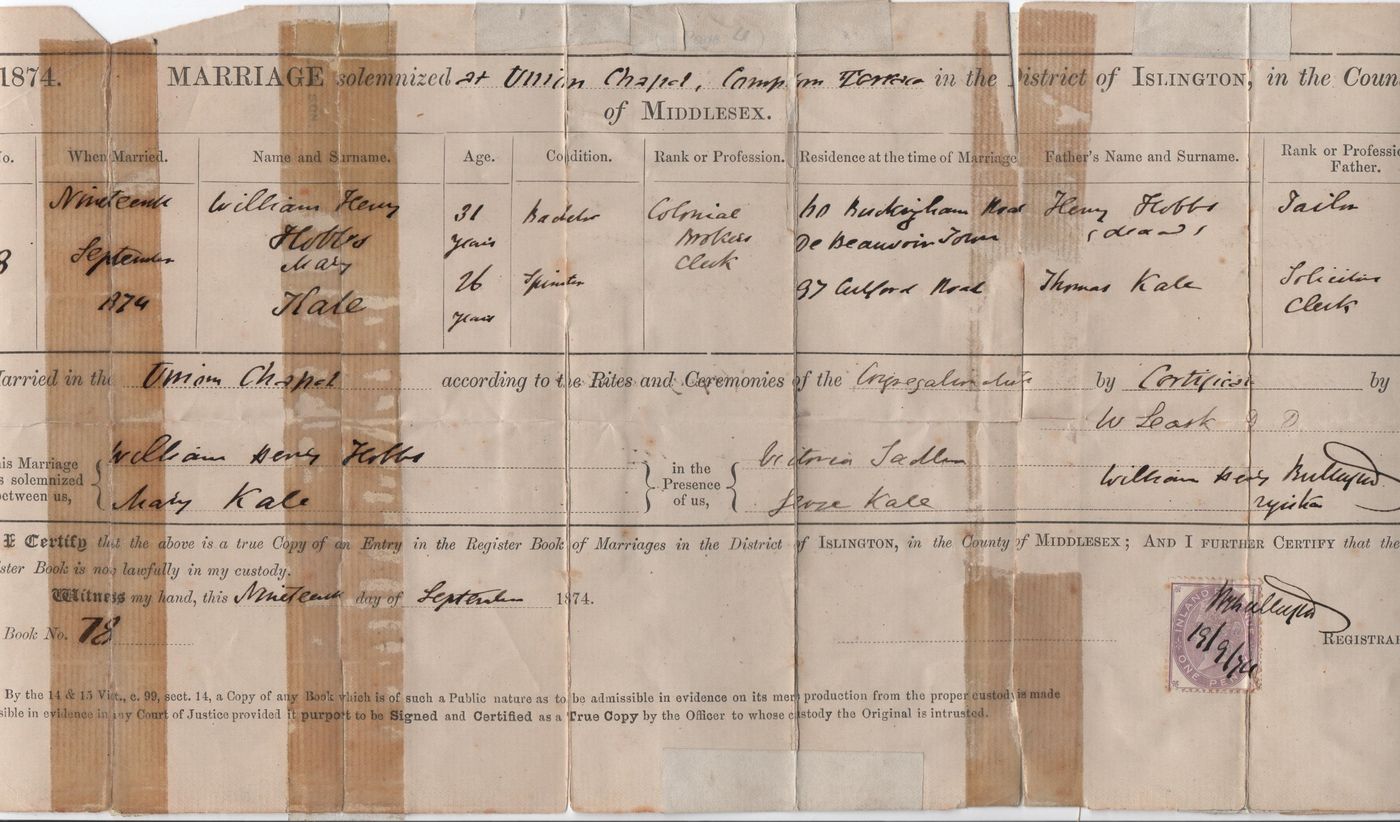 Marriage Certificate William Henry Hobbs and Mary Kale 1874