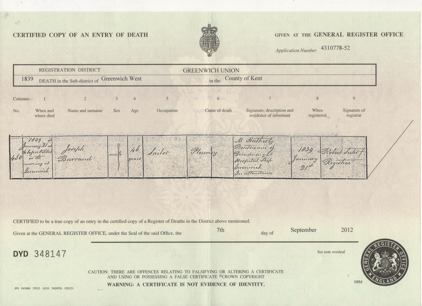 Death Certificate of Joseph Barrand 1839