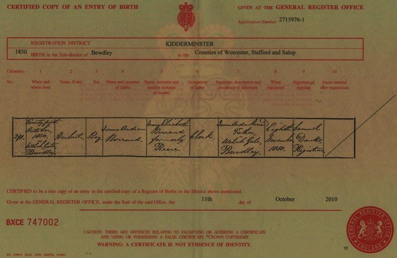 Birth Certificate for Herbert Barrand
