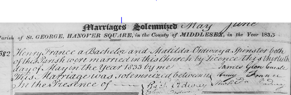 Marriage Henry France and Matilda Ordwaya – parents of Eliza Jemima France