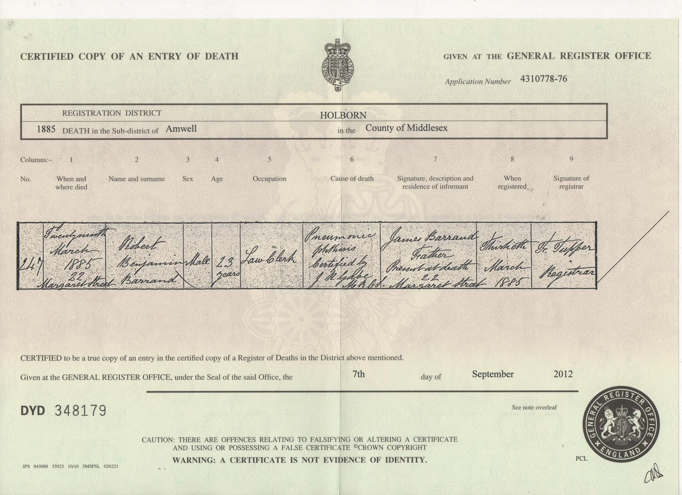 Death Certificate of Robert Benjamin Barrand 1885