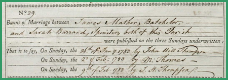 Banns record of Marriage between James Mather and Sarah Barrand