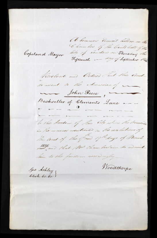 Granting of Freedom of the City of London to John Reece.