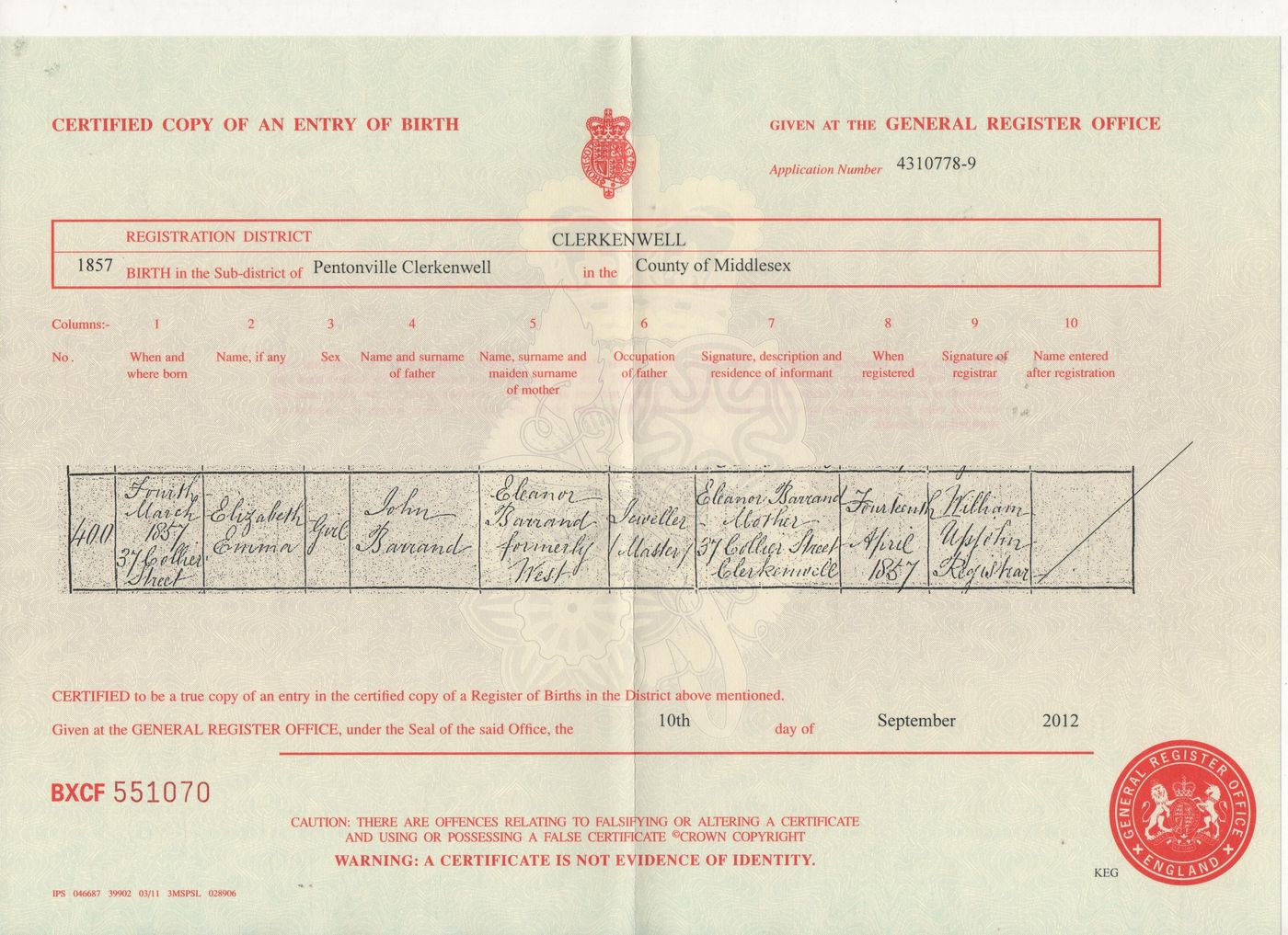 Birth Certificate of Elizabeth Emma Barrand 1857