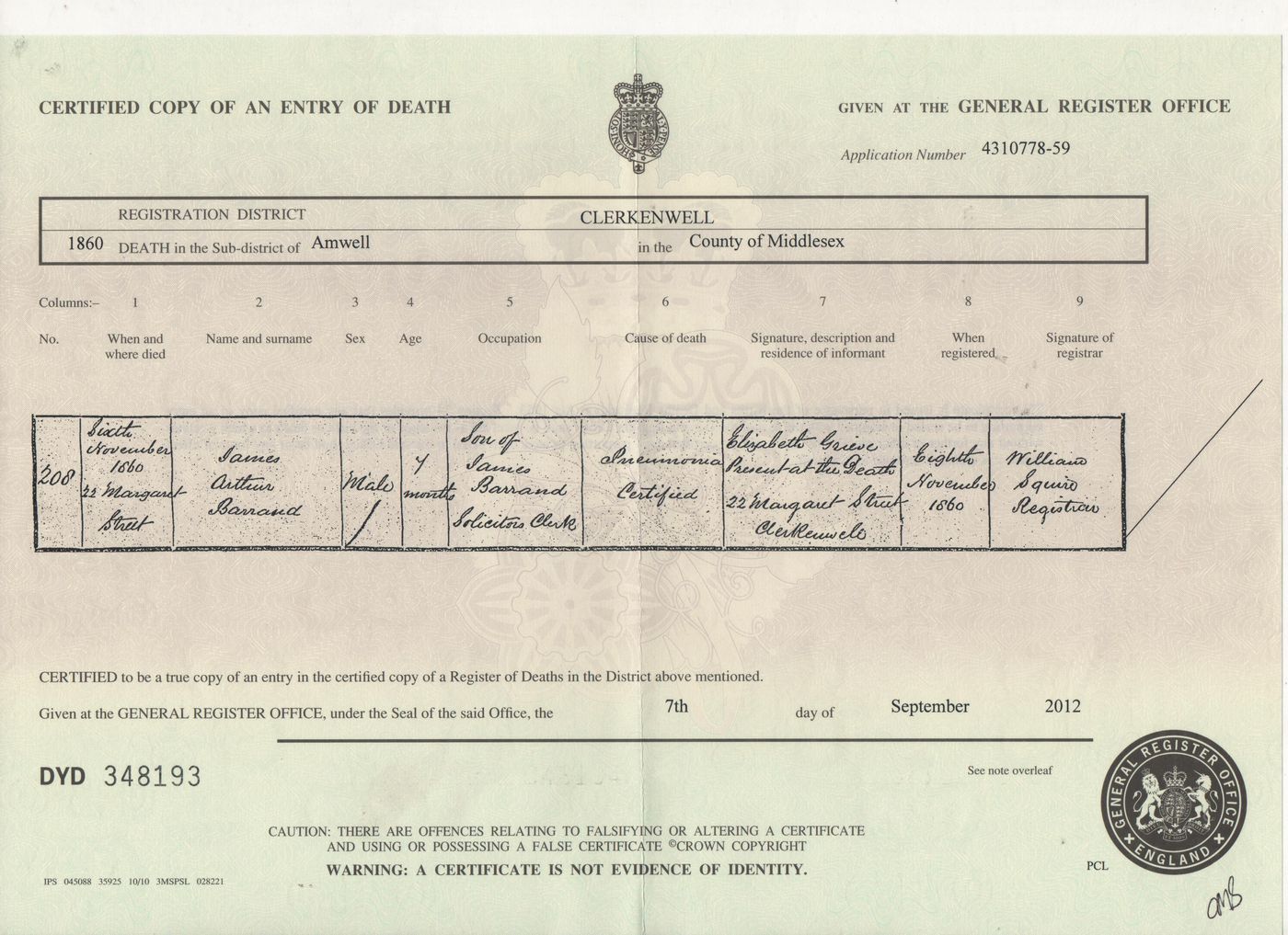 Death Certificate of James Arthur Barrand 1860