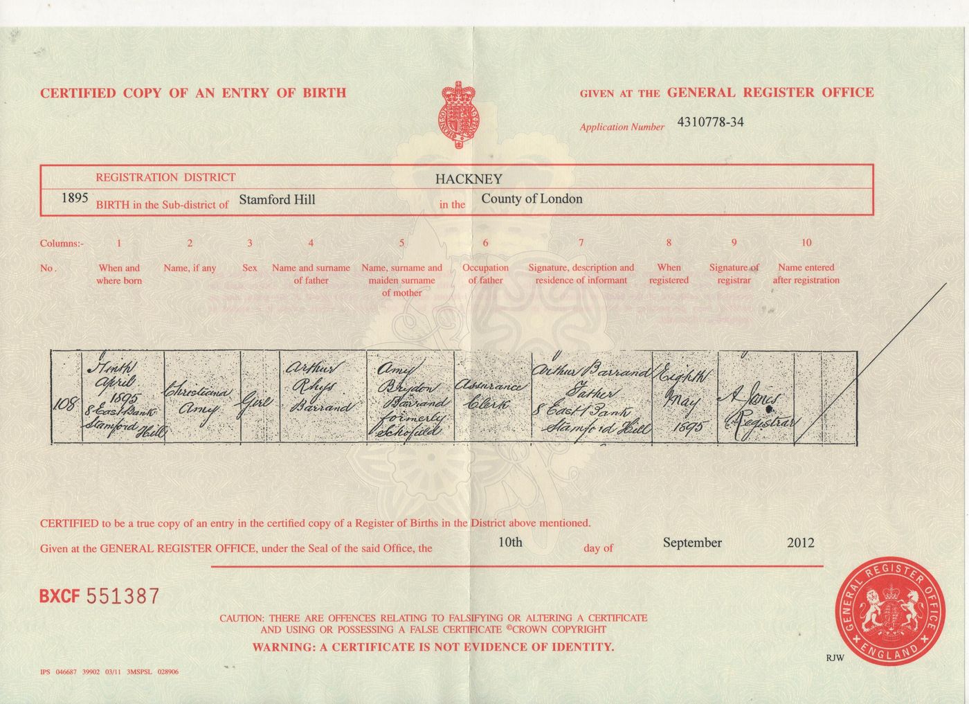 Birth Certificate of Christina Amy Barrand 1895