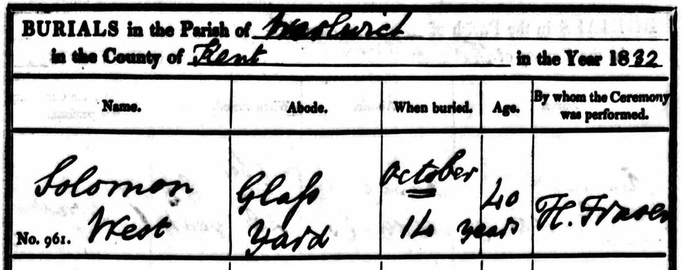 Burial record of Solomon West – Glass Yard