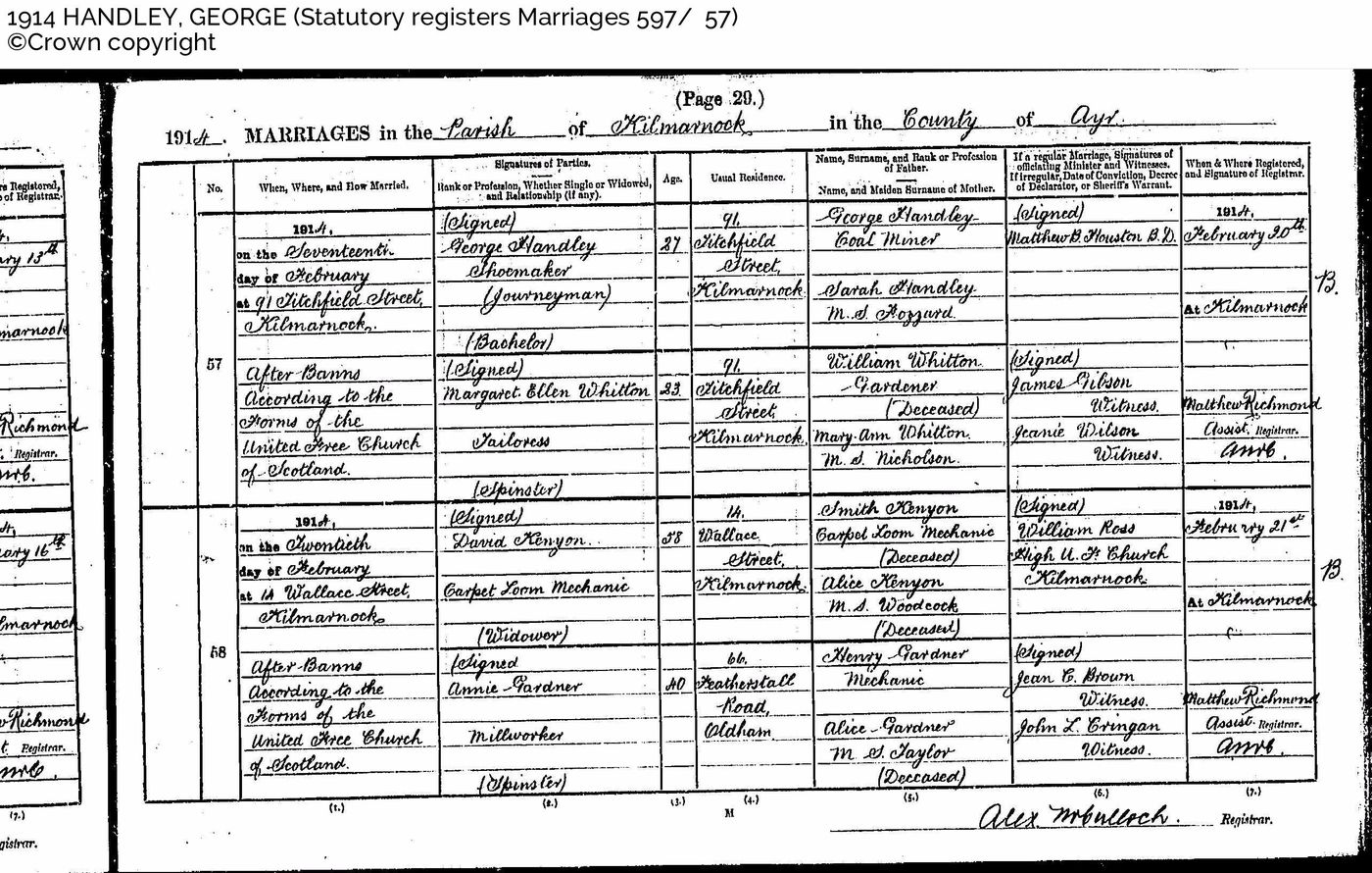 Marriage George Handley/Margaret Whitton 1914
