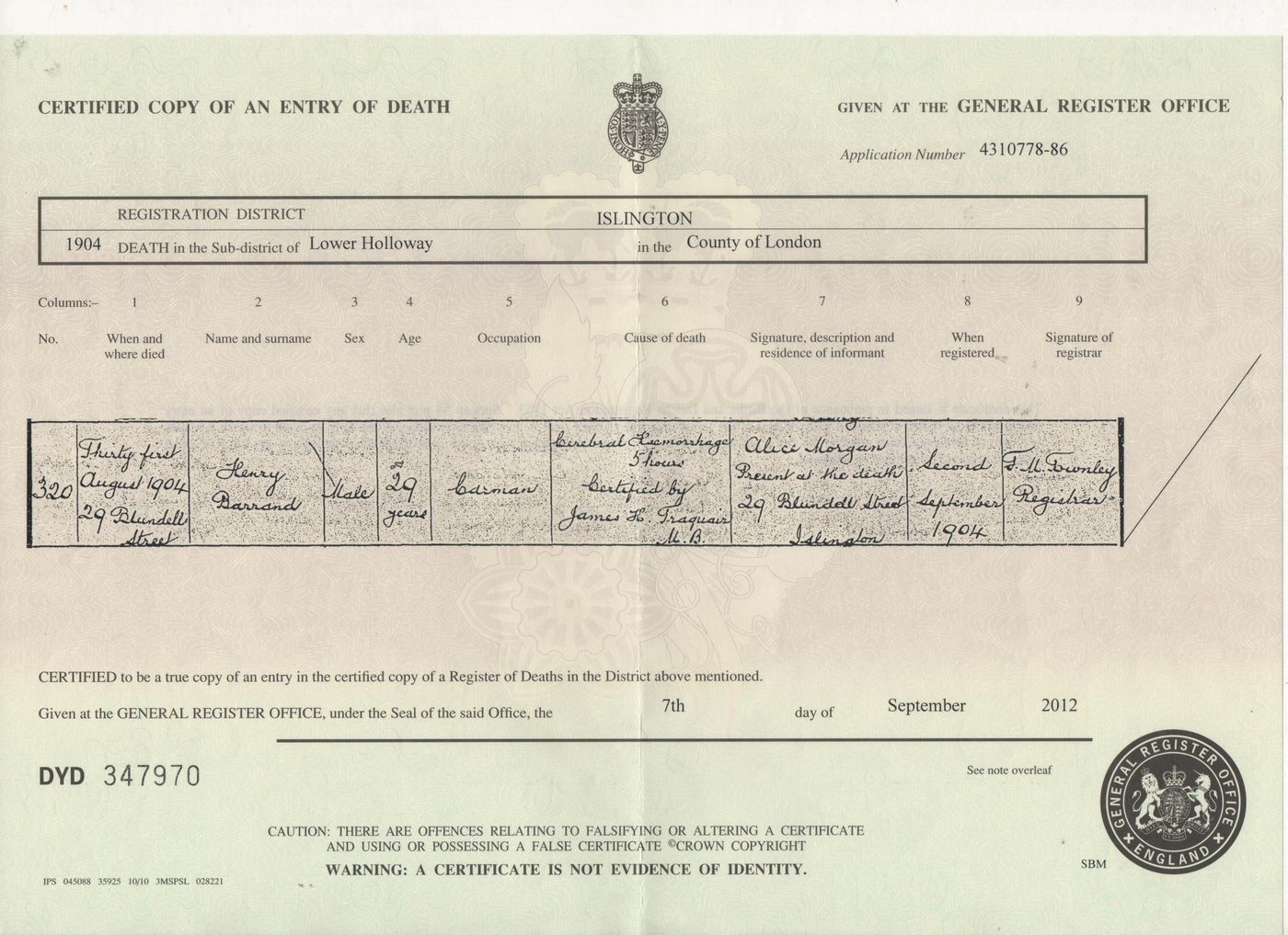 Death Certificate of Henry Alford Barrand 1904