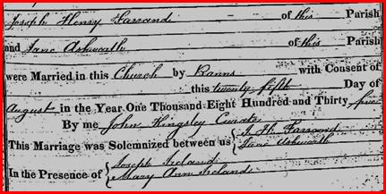 Marriage of Joseph Henry Barrand to Jane Ashworth – Witness Mary Ann Ireland