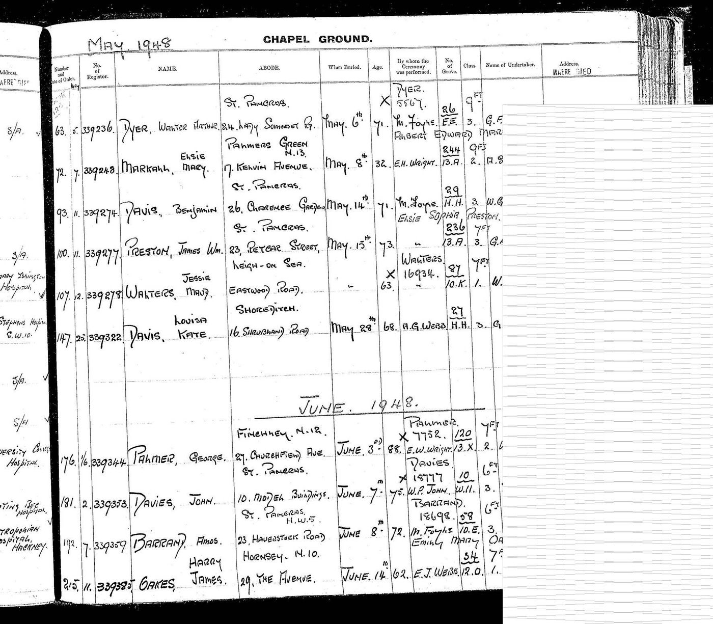 Burial record of Amos Barrand, Hornsey age 72 - Buried: 08/06/1948