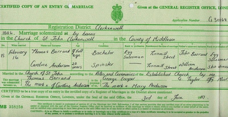 Marriage certificate – Thomas Barrand and Caroline Anderson