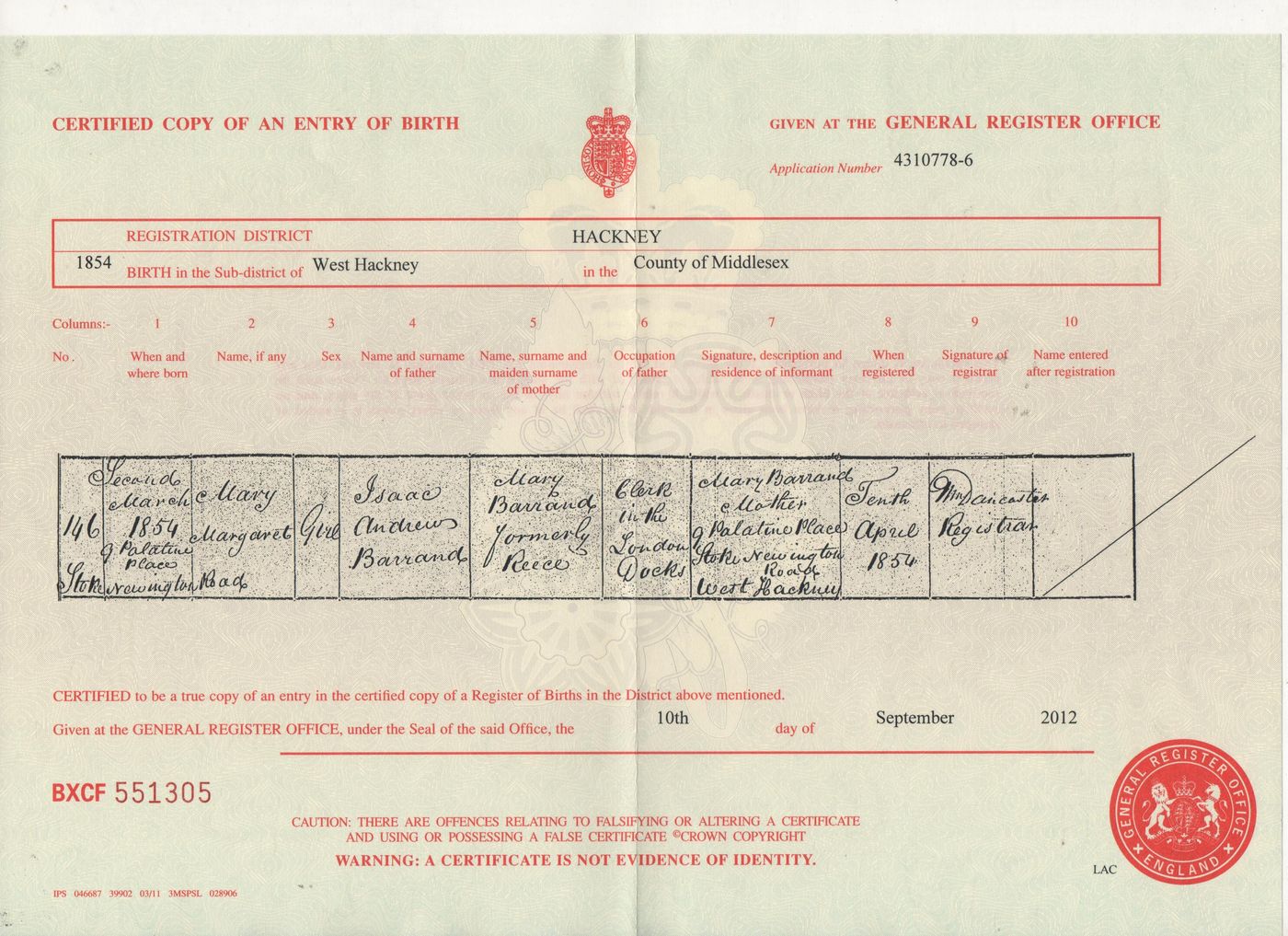 Birth Certificate of Mary Margaret Barrand 1854