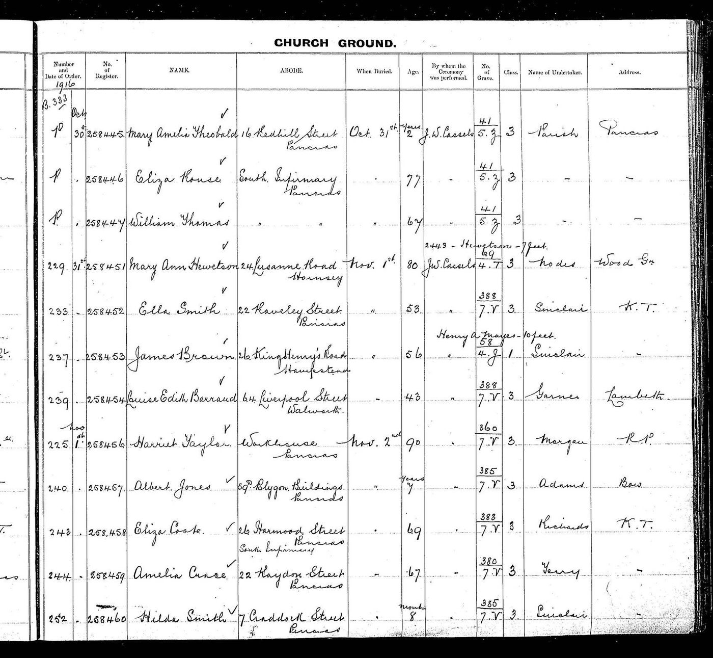 Burial of Louise Edith Marion (Gillett) 64 Liverpool Street, Walworth, aged 43 - bur 01/11/1916