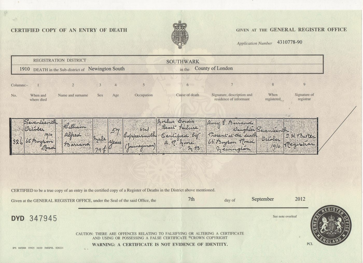 Death Certificate William Alfred Barrand 1910