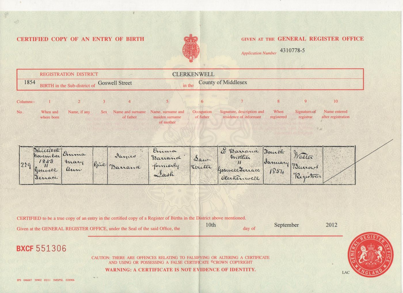 Birth Certificate Emma Mary Ann Barrand 1853