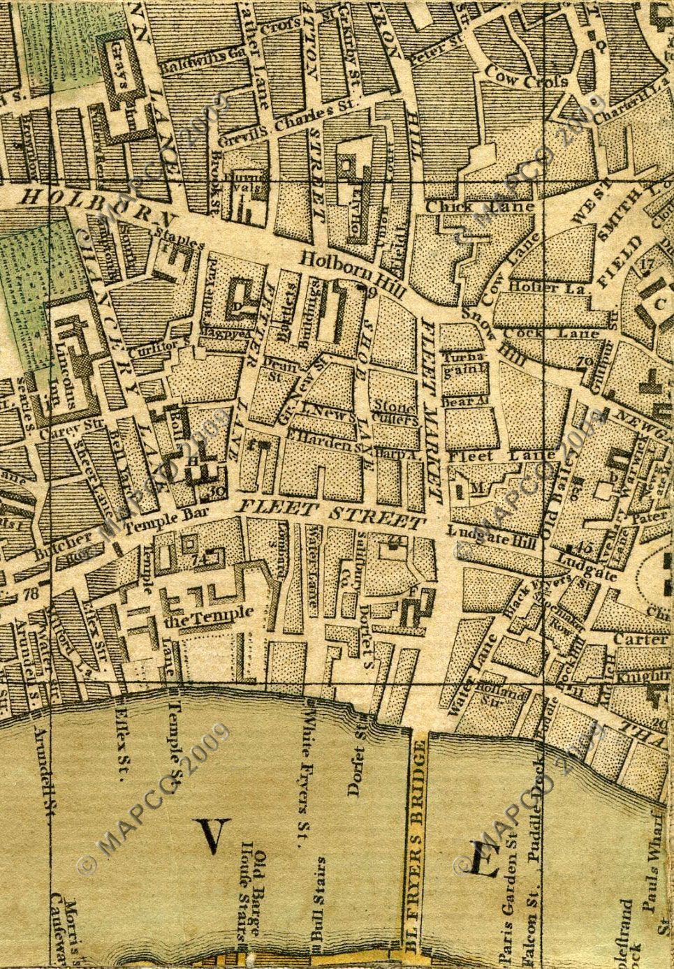 Rocques map of Holborn 1750 showing Shoe Lane, Turnagain Lane, Chick Lane and Wine Office Court