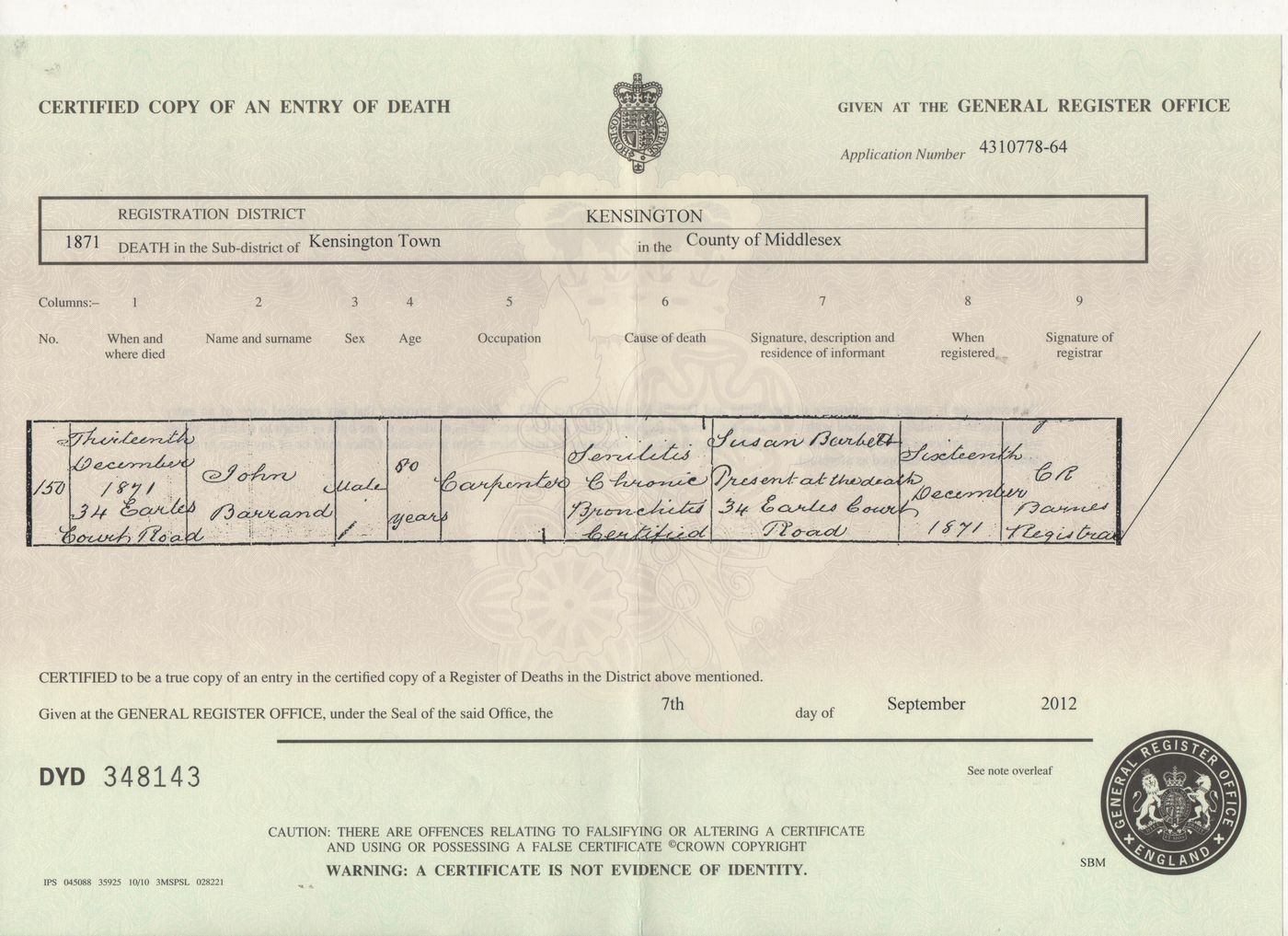 Death Certificate – John Barrand