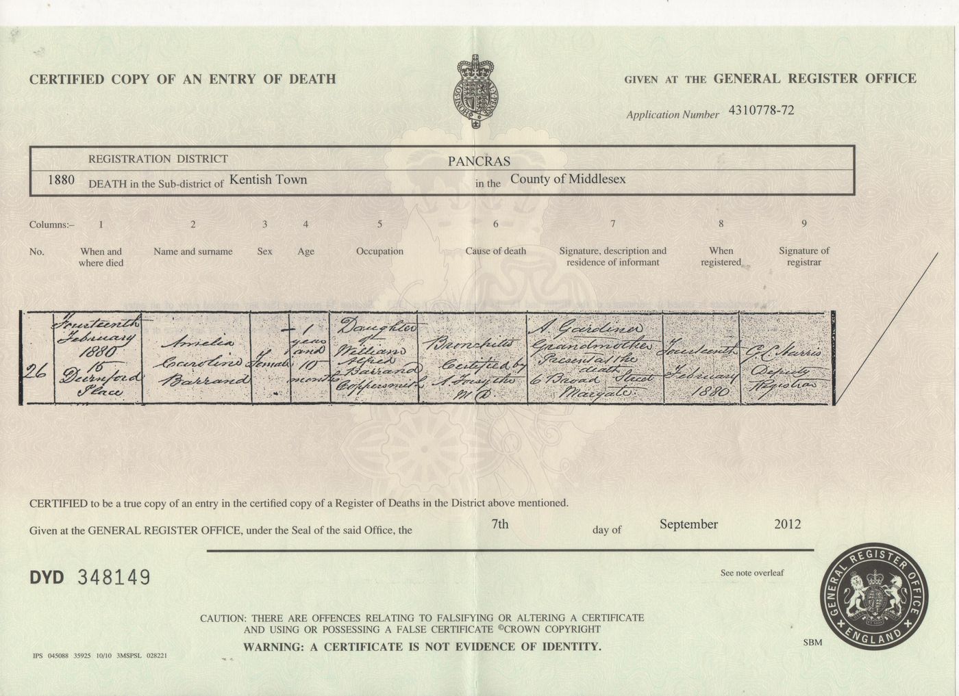 Death Certificate Amelia Caroline Barrand 1880, aged 1