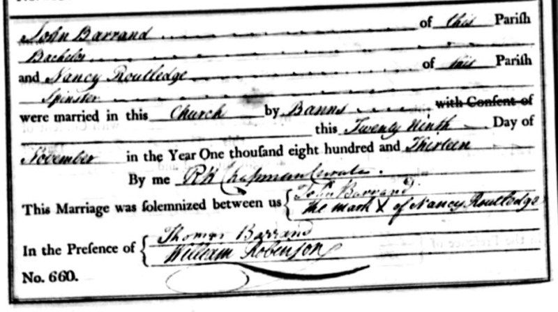 Marriage certificate of John Barrand and Nancy Routeledge