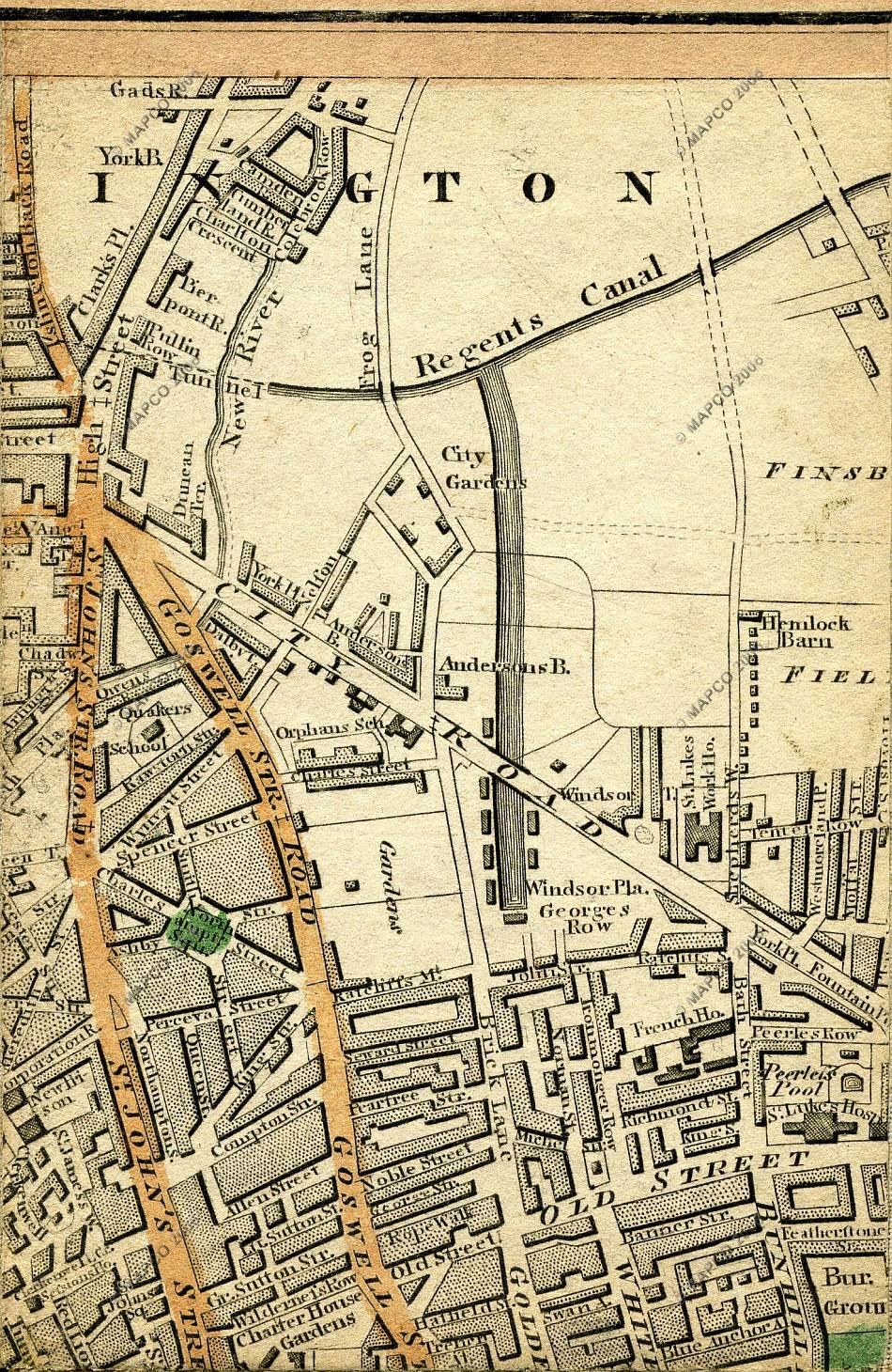 Map of 1830 showing Goswell Street and Frog Lane. Elder Walk was slightly further to the north.