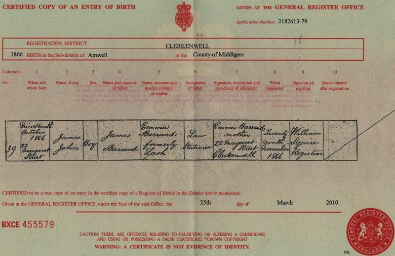Birth Certificate of James John Barrand 1866