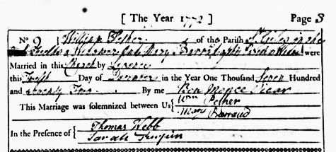 Parish Register of the marriage of William Pether & Mary Barraud showing Sarah Turpin as witness.