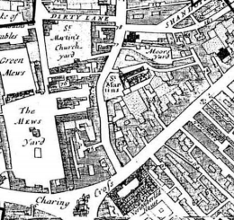 Map of c1700 showing St. Martins’ Church and Moors yard