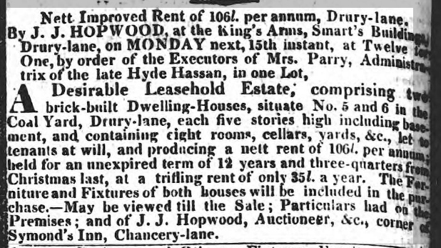 Morning Advertiser 12 January 1827 – 5 and 6 Coal Yard