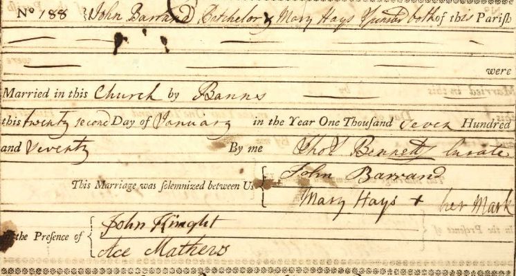 Marriage certificate of John Barrand and Mary Hays 1770