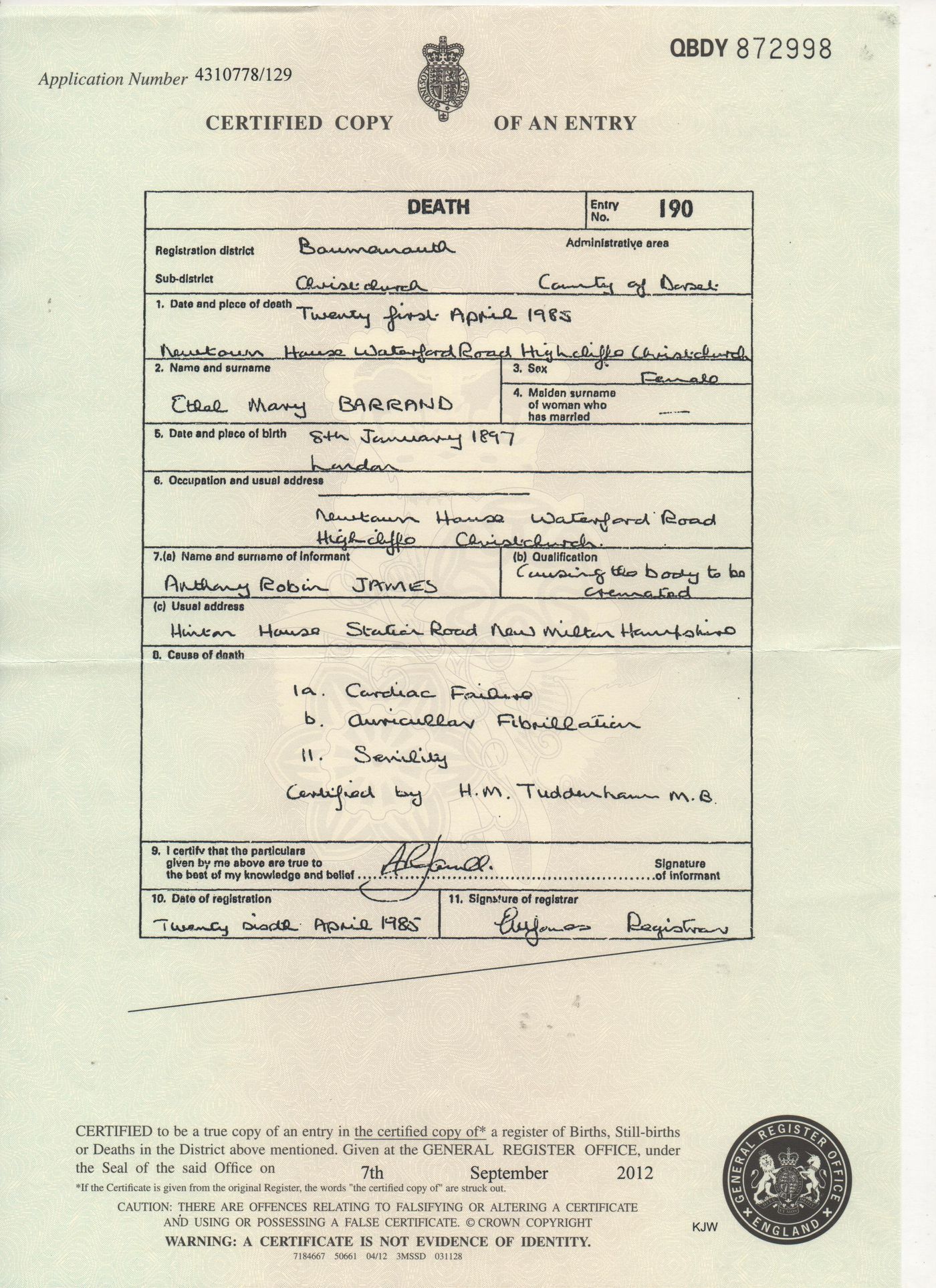 Death Certificate of Ethel Mary Barrand 1985