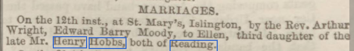 Newspaper advert of marriage of Ellen Hobbs to Edward Moody – Reading Mercury 31st August, 1867