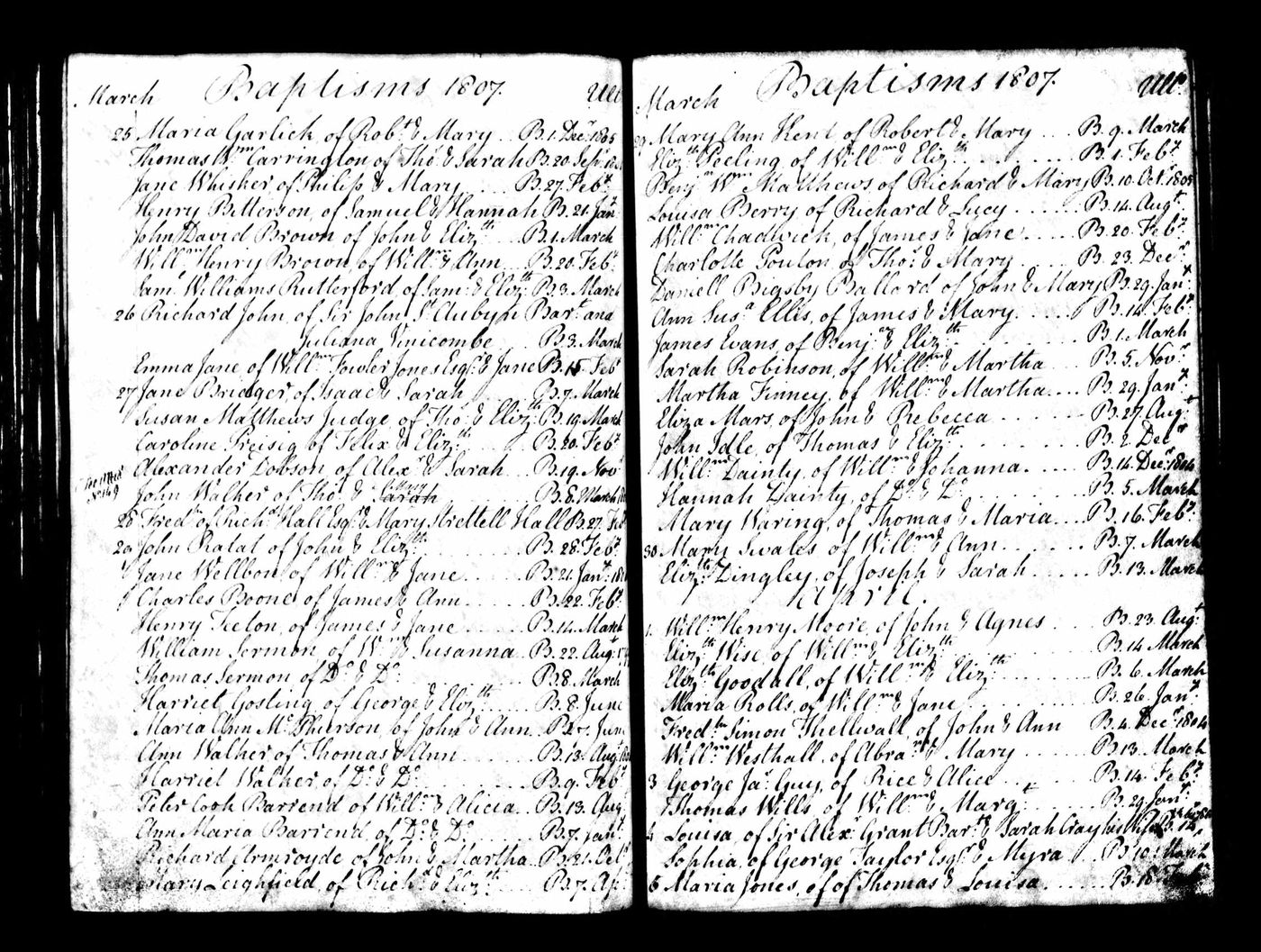 Baptism Record of Peter Cook Barrand also showing baptism of Ann Maria Barrand