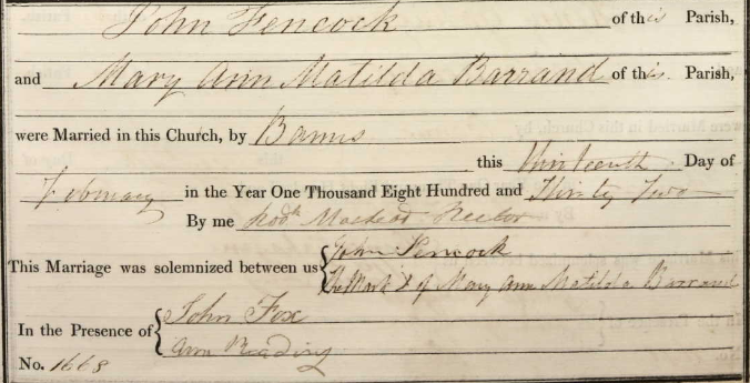 Marriage record of Mary Ann Matilda Barrand and John Fencock