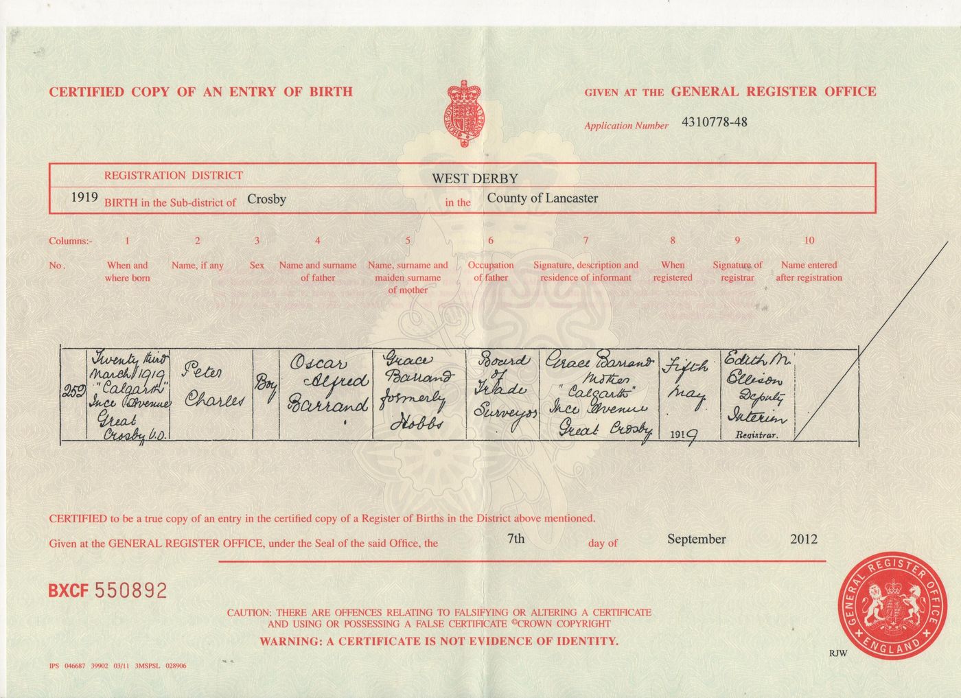 Birth Certificate Peter Charles Barrand 1919
