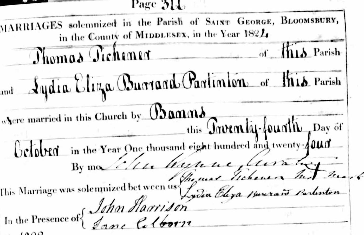Marriage Certificate of Lydia Eliza Burrand and Thomas Titchener.1824 (Tichemer)