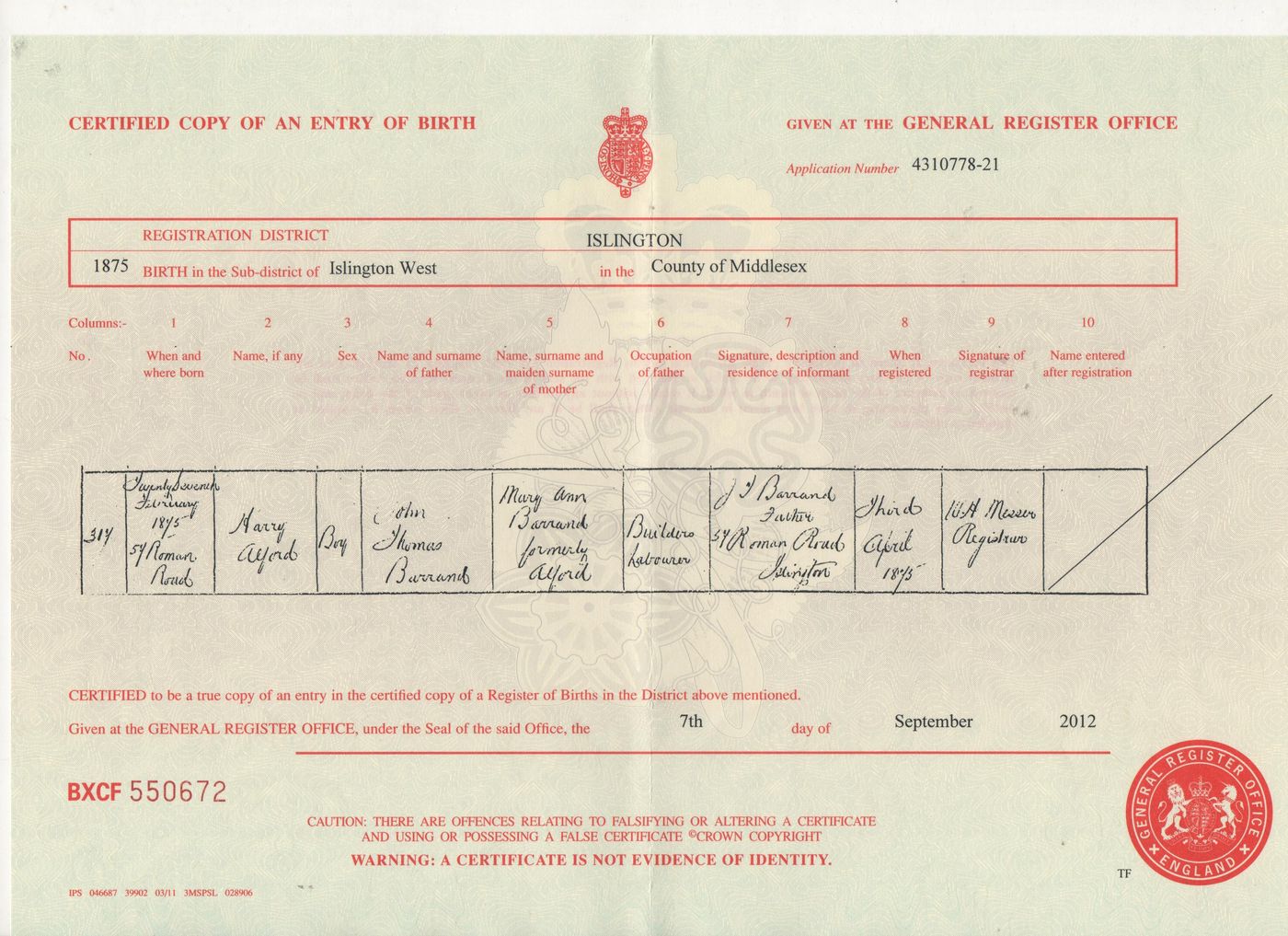Birth Certificate of Harry Alford Barrand 1875